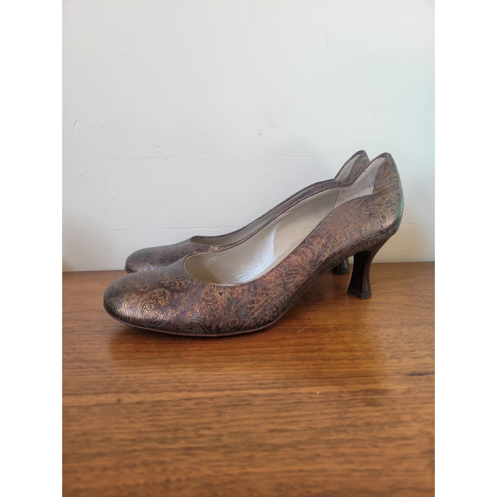 Peter Kaiser Womens 7.5 Brown Embossed Leather Paisley Heels Pumps Vintage
